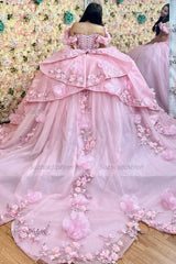 Ball Gown Off Shoulder Ruched Pleated 3D Flowers Appliques Glitter Pink Tulle Quinceanera Dress Princess Birthday Party Dress For Sweet 16
