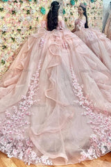 Ball Gown Off Shoulder Sleeveless 3D Flower Appliques Beaded Crystal Ruffles Pink Tulle Quinceanera Dress Formal Evening Dress Brthday Party Gown For Sweet 16
