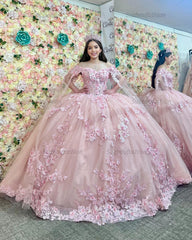 Ball Gown Off Shoulder Sleeveless 3D Flower Appliques Beaded Crystal Ruffles Pink Tulle Quinceanera Dress Formal Evening Dress Brthday Party Gown For Sweet 16
