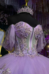 Ball Gown Off Shoulder Sleeveless 3D Flowers Beaded Appliques Shawl Lilac Tulle Quinceanera Dress Birthday Party Dress Evening Formal Gown