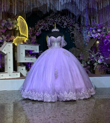 Ball Gown Off Shoulder Sleeveless 3D Flowers Beaded Appliques Shawl Lilac Tulle Quinceanera Dress Birthday Party Dress Evening Formal Gown