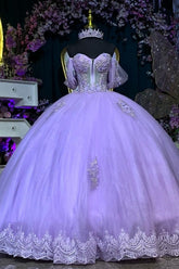 Ball Gown Off Shoulder Sleeveless 3D Flowers Beaded Appliques Shawl Lilac Tulle Quinceanera Dress Birthday Party Dress Evening Formal Gown