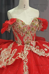 Ball Gown Off Shoulder Sleeveless 3D Flowers Beaded Sequins Gold Appliques Bow Knot Lace Up Sparkly Red Tulle Quinceanera Dress Birthday Party Dress For Sweet 16