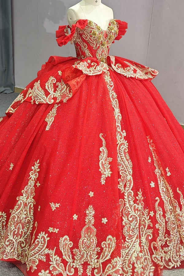 Ball Gown Off Shoulder Sleeveless 3D Flowers Beaded Sequins Gold Appliques Bow Knot Lace Up Sparkly Red Tulle Quinceanera Dress Birthday Party Dress