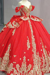 Ball Gown Off Shoulder Sleeveless 3D Flowers Beaded Sequins Gold Appliques Bow Knot Lace Up Sparkly Red Tulle Quinceanera Dress Birthday Party Dress For Sweet 16