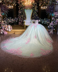 Ball Gown Off Shoulder Sleeveless 3D Pink Flowers Pleated Sparkly Tulle Quinceanera Dress Birthday Party Dress For Sweet 16