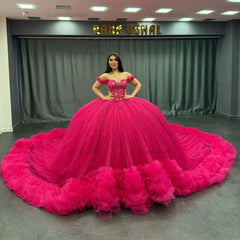 Ball Gown Off Shoulder Sleeveless Appliques Beaded Pleated Glitter Hot Pink Tulle Quinceanera Dress Birthday Party Dress