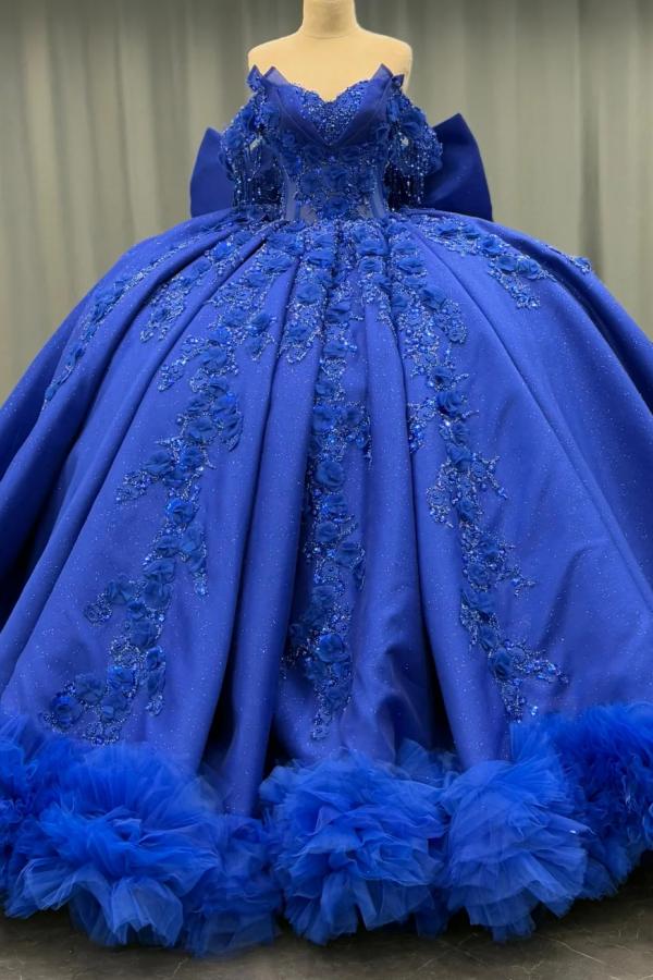 Ball Gown Off Shoulder Sleeveless Beaded 3D Flower Appliques Bow Knot Glitter Royal Blue Satin Quinceanera Dress Evening Party Dress For Sweet 16