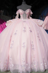 Ball Gown Off Shoulder Sleeveless Beaded Crystal Appliques Pleated Baby Pink Tulle Quinceanera Dress Birthday Party Dress For Sweet 16