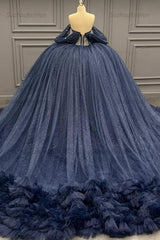 Ball Gown Off Shoulder Sleeveless Beaded Crystal Pleated Sequins Ruffles Tiered Lace Up Sparkly Dark Navy Tulle Quinceanera Dress Formal Evening Party Gown For Sweet 16