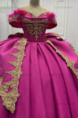Ball Gown Off Shoulder Sleeveless Beaded Feather Gold Appliques Fuchsia Satin Quinceanera Dress Evening Party Gown For Sweet 16