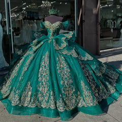 Ball Gown Off Shoulder Sleeveless Beaded Gold Appliques Lace Up Detachable Dress Sparkly Dark Green Tulle Quinceanera Dress Formal Evening Gown For Sweet 16