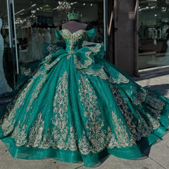 Ball Gown Off Shoulder Sleeveless Beaded Gold Appliques Lace Up Detachable Dress Sparkly Dark Green Tulle Quinceanera Dress Formal Evening Gown For Sweet 16