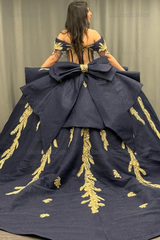 Ball Gown Off Shoulder Sleeveless Beaded Gold Appliques Pleated Bow Knot Glitter Dark Navy Satin Quinceanera Dress Birthday Party Dress For Sweet 16
