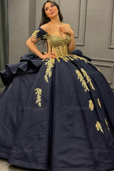 Ball Gown Off Shoulder Sleeveless Beaded Gold Appliques Pleated Bow Knot Glitter Dark Navy Satin Quinceanera Dress Birthday Party Dress For Sweet 16