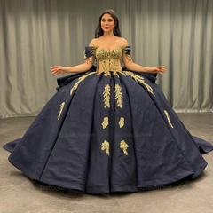 Ball Gown Off Shoulder Sleeveless Beaded Gold Appliques Pleated Bow Knot Glitter Dark Navy Satin Quinceanera Dress Birthday Party Dress For Sweet 16