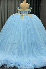 Ball Gown Off Shoulder Sleeveless Beaded Gold Appliques Pleated Glitter Sky Blue Tulle Quinceanera Dress Birthday Party Dress For Sweet 16