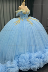 Ball Gown Off Shoulder Sleeveless Beaded Gold Appliques Pleated Glitter Sky Blue Tulle Quinceanera Dress Birthday Party Dress For Sweet 16