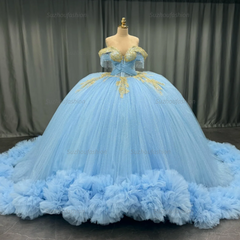 Ball Gown Off Shoulder Sleeveless Beaded Gold Appliques Pleated Glitter Sky Blue Tulle Quinceanera Dress Birthday Party Dress For Sweet 16