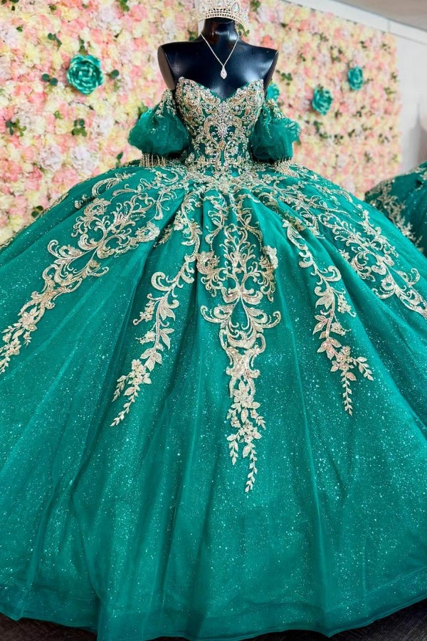 Ball Gown Off Shoulder Sleeveless Beaded Gold Applliques Sparkly Dark Green Tulle Quinceanera Dress Birthday Party Dress Formal Evening Dress For Ball Gown Off Shoulder Sleeveless Beaded Gold Applliques Sparkly Dark Green Tulle Quinceanera Dress Birthday Party Dress Formal Evening Dress For