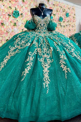 Ball Gown Off Shoulder Sleeveless Beaded Gold Applliques Sparkly Dark Green Tulle Quinceanera Dress Birthday Party Dress Formal Evening Dress For Sweet 16