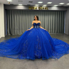 Ball Gown Off Shoulder Sleeveless Beaded Pleated Appliques Lace Up Royal Blue Tulle Quinceanera Dress Formal Evening Gown Birthday Party Dress For Sweet 16