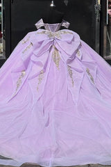 Ball Gown Off Shoulder Sleeveless Beaded Pleated Gold Sequins Sparkly Lilac Tulle Quinceanera Dress Birthday Party Dress Evening Formal Gown For Sweet 16