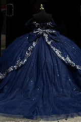 Ball Gown Off Shoulder Sleeveless Beaded Pleated Sliver Appliques Sparkly Dark Navy Tulle Quinceanera Dress Birthday Party Dress For Sweet 16