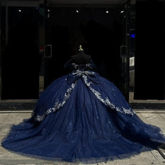 Ball Gown Off Shoulder Sleeveless Beaded Pleated Sliver Appliques Sparkly Dark Navy Tulle Quinceanera Dress Birthday Party Dress For Sweet 16