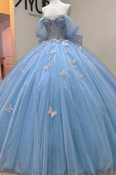 Ball Gown Off Shoulder Sleeveless Beaded Sequins 3D Butterflies Appliques Baby Blue Tulle Quinceanera Dress Birthday Party Dress