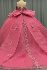Ball Gown Off Shoulder Sleeveless Beaded Sequins 3D Flower Appliques Bow Knot Glitter Pink Tulle Quinceanera Dress Formal Evening Party Gown For Sweet 16