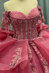 Ball Gown Off Shoulder Sleeveless Beaded Sequins 3D Flower Appliques Bow Knot Glitter Pink Tulle Quinceanera Dress Formal Evening Party Gown For Sweet 16