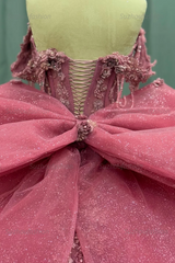 Ball Gown Off Shoulder Sleeveless Beaded Sequins 3D Flower Appliques Bow Knot Glitter Pink Tulle Quinceanera Dress Formal Evening Party Gown For Sweet 16