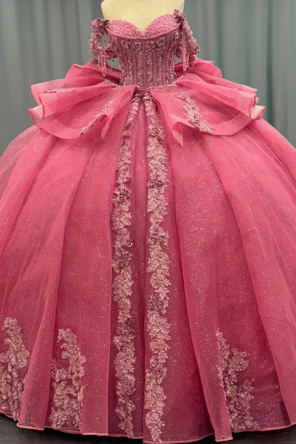Ball Gown Off Shoulder Sleeveless Beaded Sequins 3D Flower Appliques Bow Knot Glitter Pink Tulle Quinceanera Dress Formal Evening Party Gown For Sweet Ball Gown Off Shoulder Sleeveless Beaded Sequins 3D Flower Appliques Bow Knot Glitter Pink Tulle Quinceanera Dress Formal Evening Party Gown For Sweet