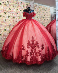 Ball Gown Off Shoulder Sleeveless Beaded Sequins Appliques Pleated Lace Up Glitter Red Tulle Quinceanera Dress Birthday Party Gown For Sweet 16