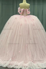Ball Gown Off Shoulder Sleeveless Crystal Beaded 3D Flowers Glitter Tulle Quinceanera Dress Birthday Party Dress Evening Formal Gown For Sweet 16