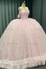 Ball Gown Off Shoulder Sleeveless Crystal Beaded 3D Flowers Glitter Tulle Quinceanera Dress Birthday Party Dress Evening Formal Gown For Sweet 16