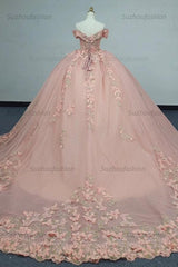 Ball Gown Off Shoulder Sleeveless Fully 3D Butterflies Appliques Lace Up Pink Tulle Quinceanera Dress Birthday Party Dress Evening Gown For Sweet 16