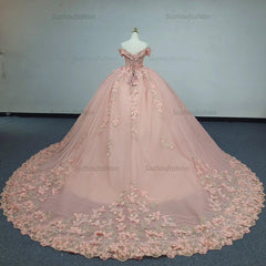 Ball Gown Off Shoulder Sleeveless Fully 3D Butterflies Appliques Lace Up Pink Tulle Quinceanera Dress Birthday Party Dress Evening Gown For Sweet 16