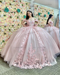Ball Gown Off Shoulder Sleeveless Fully Appiques Crystal Pleated Lace Up Big Bow Knot Light Pink Tulle Quinceanera Dress Birthday Party Dress Formal Evening Gown For Sweet 16