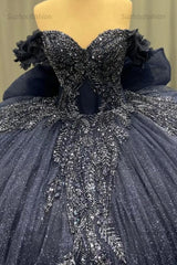 Ball Gown Off Shoulder Sleeveless Fully Beaded Appliques Bow Knot Lace Up Sparkly Dark Navy Tulle Quinceanera Dress Birthday Party Dress For Sweet 16