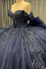 Ball Gown Off Shoulder Sleeveless Fully Beaded Appliques Bow Knot Lace Up Sparkly Dark Navy Tulle Quinceanera Dress Birthday Party Dress For Sweet 16