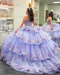 Ball Gown Off Shoulder Sleeveless Fully Beaded Appliques Pleated 3D Flower Tiered Sparkly Lilac Tulle Quinceanera Dress Birthday Party Dress For Sweet 16