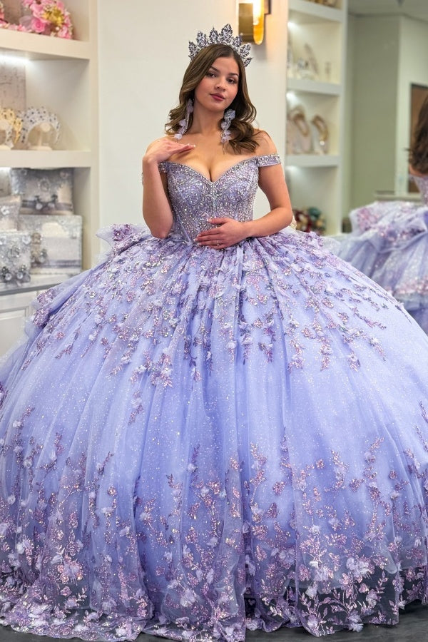 Ball Gown Off Shoulder Sleeveless Fully Beaded Appliques Pleated 3D Flower Tiered Sparkly Lilac Tulle Quinceanera Dress Birthday Party Dress For Sweet Ball Gown Off Shoulder Sleeveless Fully Beaded Appliques Pleated 3D Flower Tiered Sparkly Lilac Tulle Quinceanera Dress Birthday Party Dress For Sweet