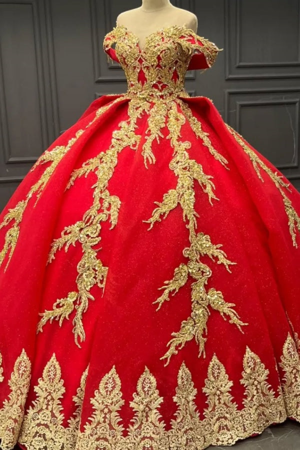 Ball Gown Off Shoulder Sleeveless Fully Gold Beaded Sequins Appliques Lace Up Sparkly Red Tulle Quinceanera Dress Evening Party Gown For Sweet 16