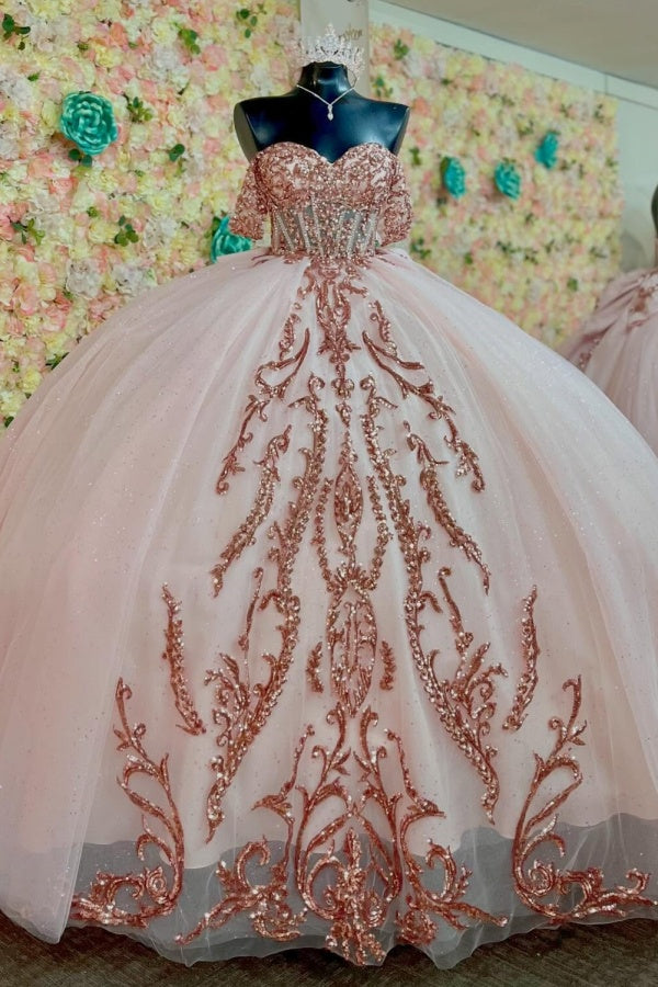 Ball Gown Off Shoulder Sleeveless Fully Sequins Appliques Pleated Lace Up Big Bow Knot Pink Tulle Quinceanera Dress Birthday Party Dress Formal Evening Gown