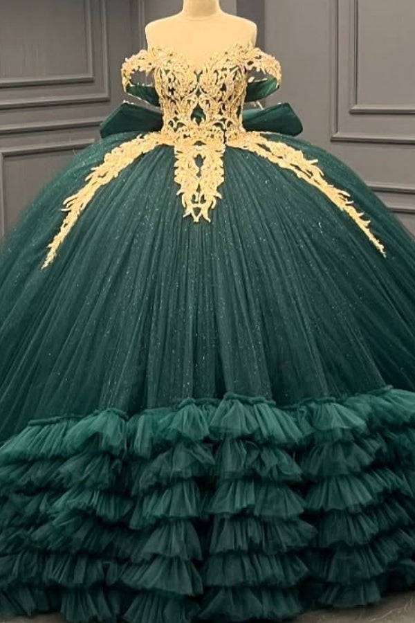 Ball Gown Off Shoulder Sleeveless Gold Appliques Ruffles Tiered Bow Kn suzhoufashion Ball Gown Off Shoulder Sleeveless Gold Appliques Ruffles Tiered Bow Kn suzhoufashion
