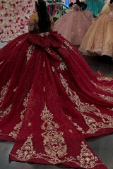 Ball Gown Off Shoulder Sleeveless Gold Sequins Appliques Big Bow Knot Sparkly Burgundy Tulle Quinceanera Dress Birthday Party Dress Evening Formal Gown For Sweet 16