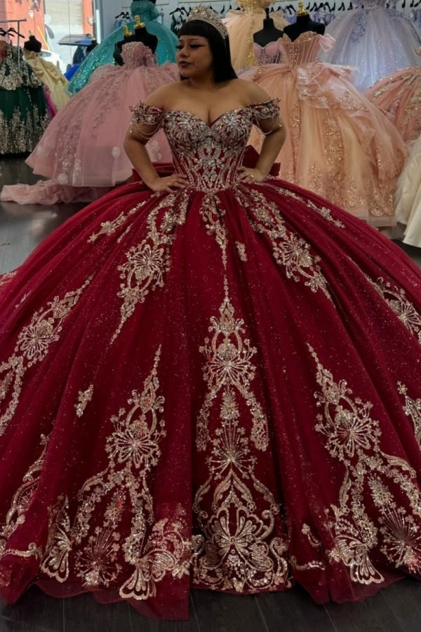 Ball Gown Off Shoulder Sleeveless Gold Sequins Appliques Big Bow Knot Sparkly Burgundy Tulle Quinceanera Dress Birthday Party Dress Evening Formal Ball Gown Off Shoulder Sleeveless Gold Sequins Appliques Big Bow Knot Sparkly Burgundy Tulle Quinceanera Dress Birthday Party Dress Evening Formal