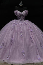 Ball Gown Off Shoulder Sleeveless Pleated 3D Flowers Appliques Sparkly Lilac Tulle Quinceanera Dress Birthday Party Dress Evening Formal Gown For Sweet 16